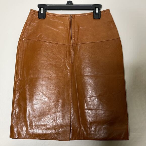 NWT Trek New York  Cognac Brown Genuine Leather Pencil Mini Cocktail Skirt 4 - Picture 7 of 8